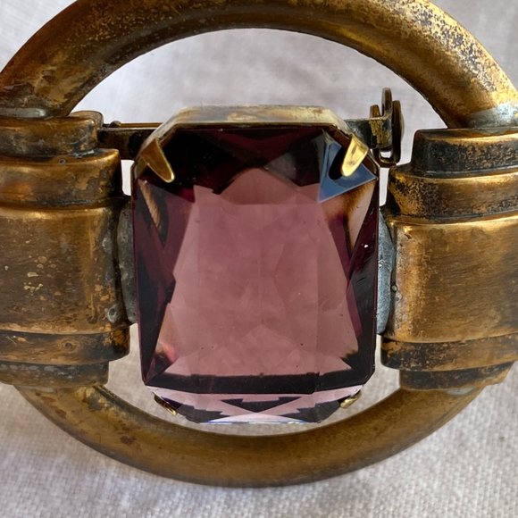 Art Deco Revival Large Amethyst & Brass Brooch - Picture 4 of 5